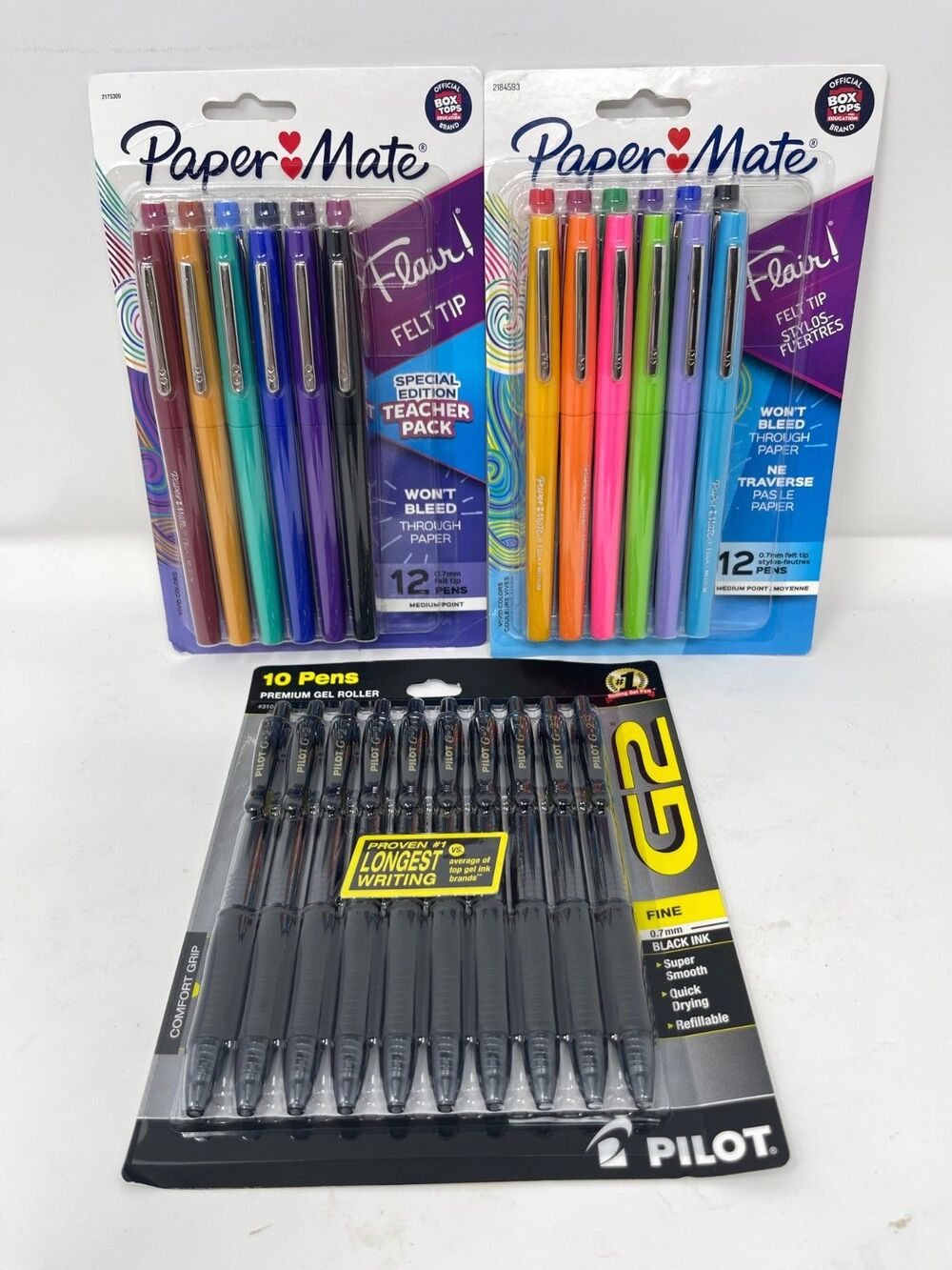 (24) Flair Felt Tip Pens Assorted Colors + (10) Pilot G-2 Black Gel ~Med Pt .07~